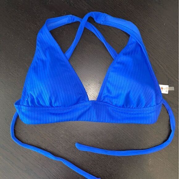 Shade & Shore Womens Stretch Ribbed Textured Halter Neck Bikini Bra Blue XL - Picture 1 of 5